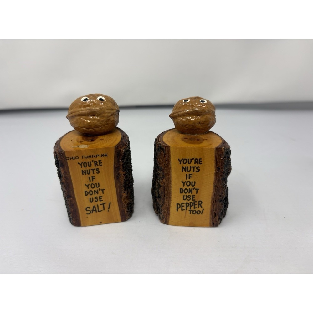 Vintage You're Nuts Wooden Salt & Pepper Shakers Real Acorn Bark Edge Cedar MCM